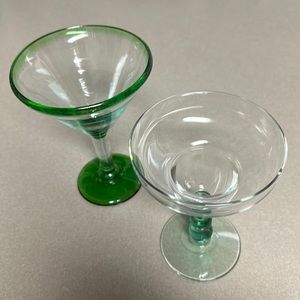 2 Margarita Glasses green and clear approximately 7” & 6”